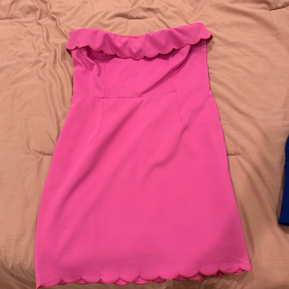 Pink Strapless Dress with Scalloped Edges